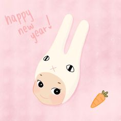 a white rabbit with a carrot on its nose and the words happy new year written in pink