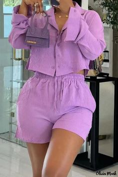 Olivia Mark - Linen Vacation Outfit Casual Two-Piece Set Shirt Set Outfit, Comfortable Travel Outfit, Purple L, Two Piece Short Set, Shorts Sets, Two Piece Jumpsuit, Suits Clothing, Slim Fit Casual Shirts, Long Sleeve And Shorts