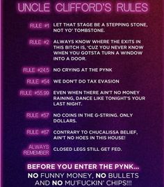 a poster with the words uncle cliff's rules written in pink and purple on it