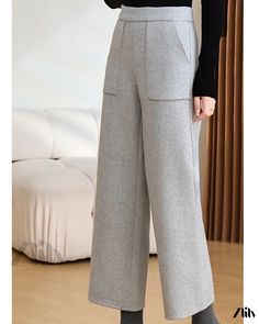 Zlily - Woolen Double-Sided Wide-Legged Trousers - Casual Wool Pants Solid Wide Leg Winter Pants, Solid Color Wide Leg Winter Pants, Gray Full Length Pants For Fall, Full Length Gray Pants For Fall, Gray Full-length Pants For Fall, Fall Wide-leg Bottoms With Pockets, Winter Full-length Bottoms With Pockets, Winter Wide Leg Bottoms With Elastic Waistband, Chic Full-length Fall Sweatpants