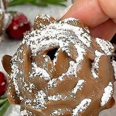 a hand holding a pastry with powdered sugar on it and cranberries in the background