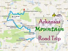 a map with the words arkansas mountain road trip on it and flowers in the middle