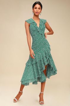 Women's Print Dresses - Floral Dresses, Plaid Dresses | Lulus.com Green Floral Midi Dress, Green Formal Dresses, Asymmetrical Midi Dress, Green Dresses, Green Floral Print, Floral Print Midi Dress, Wedding Guest Dresses, Party Outfits, Floral Dress Summer