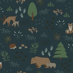 an animal themed wallpaper with bears, foxes and other wild animals in the woods