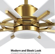 a modern and sleek look ceiling fan with white / gold trimmings is featured in this brochure