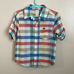 Toddler Boys Button Down Shirt Colorful Plaid Pattern Embroidered Airplane On Chest Pocket Button Cuffs Sleeves Can Be Worn Down Or Rolled Up Excellent Condition. Never Worn Collared Shirt For School In Summer, Collared Summer Shirt For School, Cute Collared Shirt For Summer, Cute Collared Summer Shirt, School Cotton Shirt With Button Closure, Summer School Shirt With Buttons, Plaid Button-up School Top, Cute Button-up Shirt For Summer, Plaid Collared Shirt For School