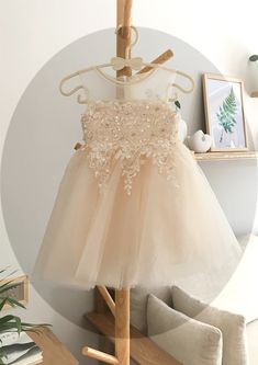 Lace flower girl dress Beated Champagne dress Tulle girl | Etsy Elegant Beige Princess Dress For Party, Cream Princess Dress For Summer Wedding, Fitted Tulle Dress For Baptism, Fitted Tulle Skirt Dress For Baptism, Cream Princess Style Sleeveless Baptism Dress, Cream Tulle Skirt Dress For Bridesmaid, Summer Pageant Dress With Fitted Bodice, Cream Sleeveless Princess Dress For Baptism, Cream Sleeveless Princess Tutu Dress