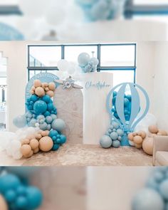 blue and white balloons are in the shape of letters