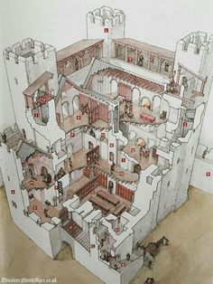 a drawing of a castle with lots of rooms