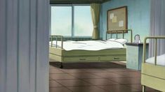 an animated image of a hospital room with two beds and a dresser in the corner