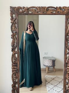 Dark Green Gown Indian, Dark Green Frock Design, Indian Frock Suit, Long Georgette Frocks, Dark Green Anarkali Dress, Frock Suit Anarkali Party Wear, Georgette Frock Suit, Dark Green Dress Outfit, Green Georgette Dress