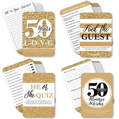 gold glitter 50th birthday party tags with the number fifty and 50 on each one side