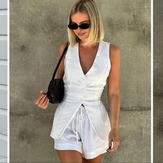 Button Down Fitted Blazer Tank With Drawstring Matching Shorts Tank Top Outfit, Home Vacation, Long Midi Dress, V Neck Tank Top, Swimwear Outfit, Drawstring Shorts, Shorts Set, Bottoms Pants, Short Sets