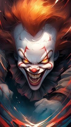 an evil clown with red hair and orange eyes is shown in this digital painting style