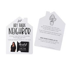 two tags with the words hey there neighbor and a house shaped tag that says hey there neighbor