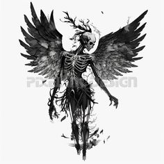 a drawing of a skeleton with large wings