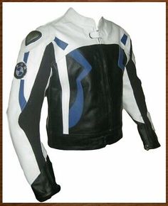 a black and white leather jacket with blue accents