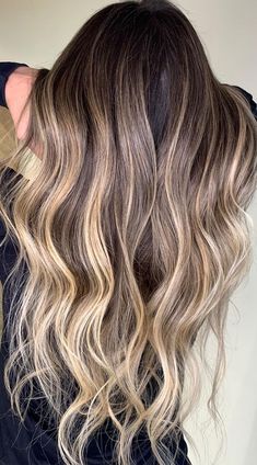 Brown At Top Blonde At Bottom Hair, Blonde Highlights On Dark Brown Hair Long, Blonde Highlights And Lowlights On Dark Hair, Lightest Blonde Highlights, Blonde Ombré Highlights, Highlights Brown Hair Ombre, Cute Blonde Hair Dye Ideas, Brown Going Into Blonde Hair, Dark Brown Hair Going Blonde