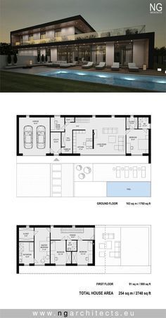 the floor plan for a modern house with two floors and three car garages in it