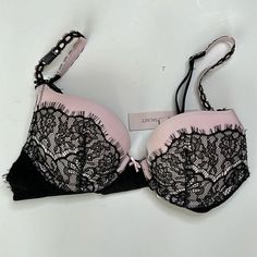 New Dream Angels Black Lace On Pink Push Up Bra. Decorative Straps And Ribbons. This Sale Is Final Due To Hygiene And Nature Of The Product. Please Ask Question Before Purchase. Hoodie Layout, Burlesque Bra, Lacey Bra, Soma Bras, Bra Outfit, Victorias Secret Set