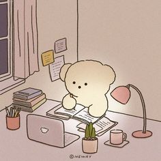 a teddy bear sitting at a desk reading a book