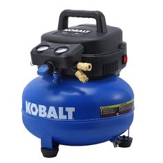 the kobalt air compressorer is blue and has two hoses attached to it