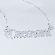 Our Old English Style Name Necklace makes a bold, beautiful statement, thanks to Beautifully detailed lettering in Latin Old English Script, choose any name or word to celebrate yourself or someone you love. Unique, unexpected style that makes this necklace an absolute standout.Can be personalized with a name of up to 10 letters. Old English Script, Old English Style, Old English Names, Monogrammed Cufflinks, Celebrate Yourself, Leather Kits, Name Necklace Silver, English Name, Swarovski Heart