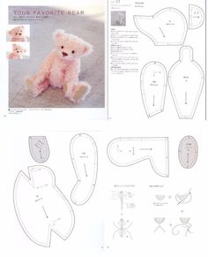 the pattern for a teddy bear is shown in three different sizes and colors, including one with