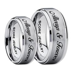 two wedding rings with the words god and someone else engraved on each one in white gold