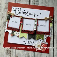 an altered christmas card is displayed on a wooden table