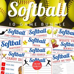 softball themed game bundle for kids to play on the field with text that reads softball, softball