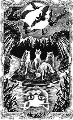 an image of three wolfs in the woods with bats flying over them and trees