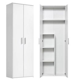 two white cupboards side by side, one with doors open and the other closed