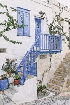 a drawing of a blue staircase leading up to a white building with potted plants