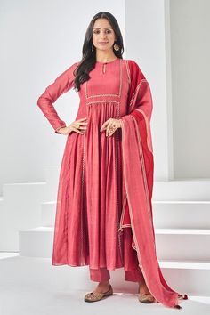 Red soft chanderi anarkali with pita and resham embroidery. Comes with pant and a gota lace work dupatta.
Components: 3
Pattern: Embroidered
Type Of Work: Pita, Resham, Gota lace
Neckline: Round
Sleeve Type: Full
Fabric: Soft chanderi, Lining: Chanderi
Color: Red
Other Details: 
Attached lining
Length:
Anarkali: 52 inches
Sleeves: 23 inches
Pant: 38 inches
Dupatta: 2.5 mtrs
Occasion: Mehendi and Haldi - Aza Fashions Chanderi Anarkali, Resham Embroidery, Types Of Work, Lace Neckline, Pant Set, Set For Women, Pita, Anarkali, Aza Fashion