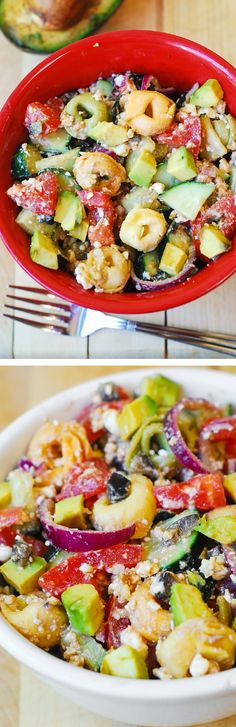 two pictures showing different types of food in a bowl and on the same plate, there is an eggplant salad