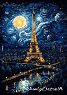 the eiffel tower is lit up at night with stars and clouds in the sky