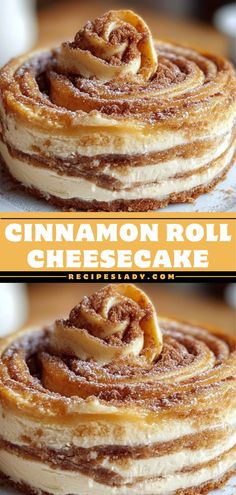 cinnamon roll cheesecake is shown on top and bottom