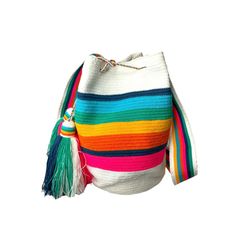 Colorful & unique crochet bags for fashion lovers! The Stripes are always classic and fashionable. Very lightweight, durable and comfortable to carry on. Wear it as a crossbody or shoulder bag. This stunning boho chic style bag is perfect for a casual day, or as as a beach/pool accessory. Details: Bucket Style Hand Crocheted Bags Special and unique patterns. Matching one-thread hand-loomed strap Premium Drawstrings and Special Tassels (some with Crochet decoration as showed in their pictures) Ma White Bohemian Bucket Beach Bag, Bohemian White Bucket Beach Bag, White Bohemian Bucket Bag, White Bohemian Bucket Bag For Travel, White Bohemian Bucket Bag For Beach, Bohemian White Bucket Bag For Beach, Bohemian White Bucket Bag For The Beach, White Crochet Bucket Bag With Adjustable Strap, Bohemian White Bag For Vacation