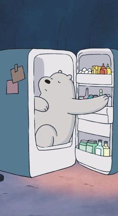 a polar bear is looking into an open refrigerator