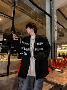 Black Statement Print Suit Blazer Jacket | Changbin - Stray Kids Black M Stray Kids Fashion, Fashion Chingu, Types Of Coats, Formal Suits, Kids Black, Oversized Jacket, Faux Leather Jackets, Tweed Jacket, Blazer Suit