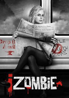 a woman sitting on top of a train next to a window with the words zombie