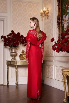 Taffeta Gown, Long Lace Sleeves, Red Drapes, Mean Blvd, Lace Layers, Floor Length Dress, Stunning Gowns, Floor Length Dresses, Lace Sleeves