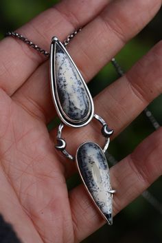 Dendritic Agate Necklace Handmade With Sterling Silver 925, Teardrop Shaped Stones and Little Crescent Moons, Ooak, Big Statement Necklace - Etsy Handmade Unique Necklace, Unique Handmade Drop Necklaces, Handmade Unique Drop Necklaces, Unique Handmade Teardrop Necklace, Handmade Agate Teardrop Necklaces, Handmade Teardrop Agate Necklaces, Handmade Agate Teardrop Necklace, Handmade Teardrop Necklace, Bohemian Sterling Silver Necklace With Natural Inclusions