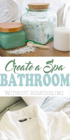 a bath room with towels and soaps on the counter next to an open jar