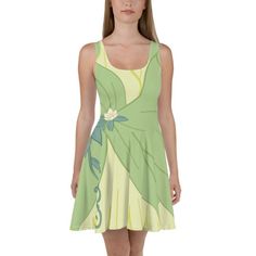 Tiana Princess and the Frog Inspired Skater Dress – Kawaiian Pizza Apparel Tiana Disneybound, Tiana Princess And The Frog, Tiana Princess, Dresses Printed, Princess And The Frog, Princess Tiana, Printed Dresses, Sublimation Printer, Fabric Making