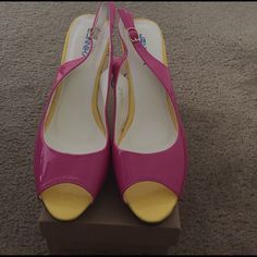 These Color Block Stilettos Are Gorgeous And Timeless. Patent Very Colorful, Open Toes, With Slingback. Selling With Different Box, Color Fuchsia/Yellow/Green Pink Slingback Pumps With 4-inch Heel, Pink Slingback Sandals With Heel Strap For Spring, Pink Slingback Pumps With 4-inch Heel And Ankle Strap, Pink Ankle Strap Slingback Pumps For Spring, Pink Open Toe Slingback Pumps For Summer, Pink High Heel Slingback Pumps For Spring, Pink Slingback Pumps With Heel Strap For Spring, Pink Open Toe Slingback Pumps For Spring, Pink Open Heel Slingback Sandals For Spring