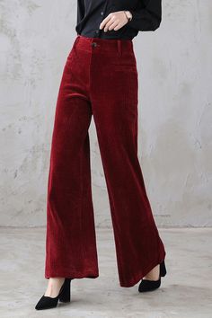 Red Corduroy Pants Wide Leg pants for women Long Pants High | Etsy High Waisted Corduroy Pants, 70s Red Outfit, Red Pants Aesthetic, Red Pant Outfit, Red Linen Pants Outfit, Red Corduroy Pants Outfit, Red Wide Leg Pants Outfit, Courdroy Pants, 70s Fashion Pants