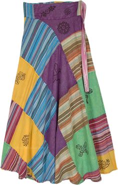 A multicolored stonewashed alternative patchwork wrap skirt with mystic symbol prints on some patches.  This is a colorful cotton wrap around skirt with flexible wrap around waist; no hole in the waist like a normal wrap style - tie over the strap over the waist. #tlb #WrapAroundSkirt #Patchwork #CottonWrapSkirt #PatchworkSkirt #HippieSkirt Hippie Cotton Wrap Skirt For Festivals, Colorful Bohemian Cotton Skirt, Goblin Clothes, Tired Person, Bridesmaids Outfits, Cotton Wrap Skirt, Skirt Patchwork, Hippie Skirt, Colorful Skirts