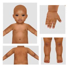 four different views of a baby's body and hands, with multiple angles to show it